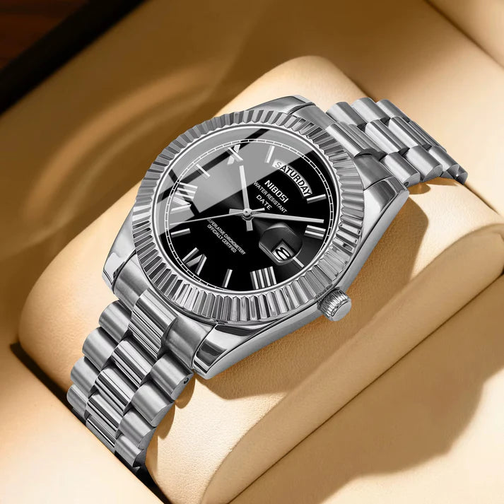 Nibosi Day-Date Silver Black Dial