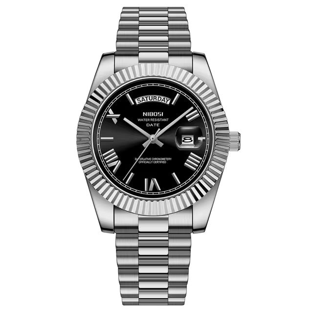 Nibosi Day-Date Silver Black Dial