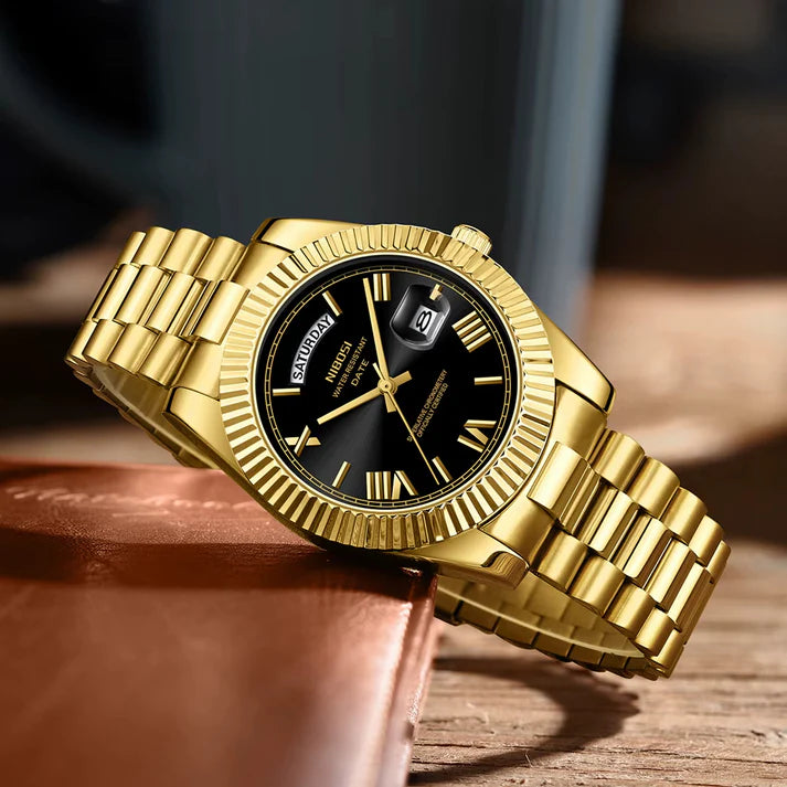 Nibosi Day-Date Gold Black Dial