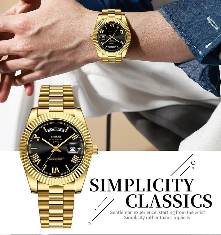 Nibosi Day-Date Gold Black Dial